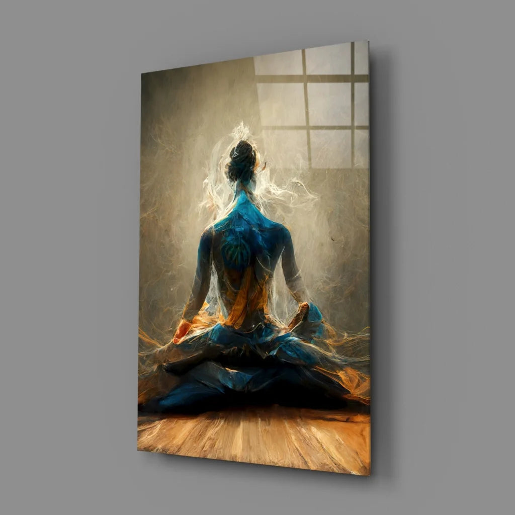 Serene glowing meditation figure canvas wall art in blue and gold