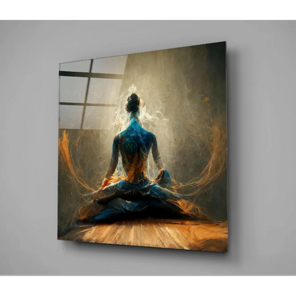 Stunning amber meditation glass wall art print with blue orange meditative figure