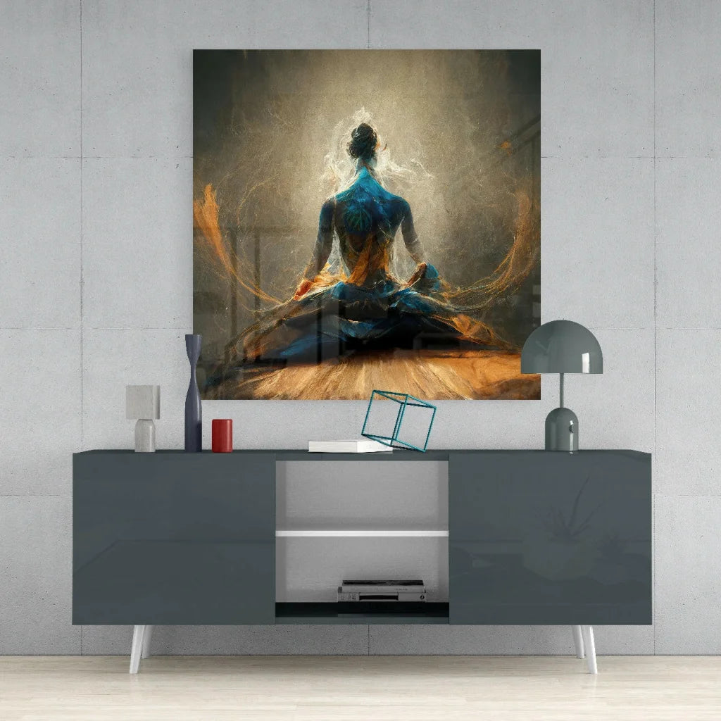 Modern meditating figure in blue gold on Stunning Amber glass wall art