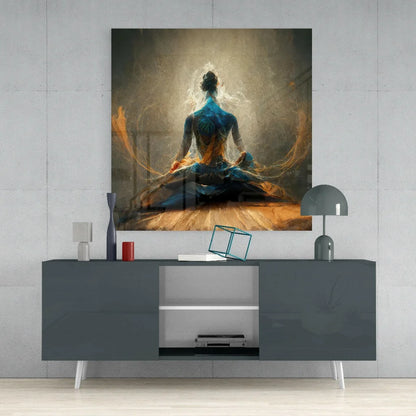 Modern meditating figure in blue gold on Stunning Amber glass wall art