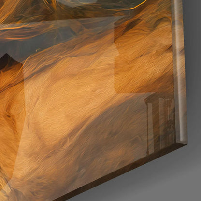 Stunning amber glass wall art print in glossy golden hues on metallic frame