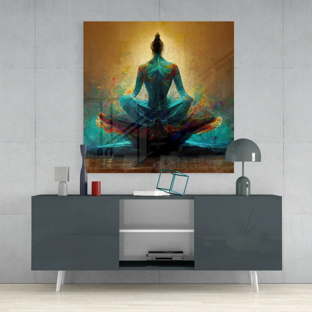 Teal meditation abstract canvas wall art print with meditating figure