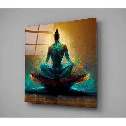 Teal meditation abstract wall art print with glowing figure