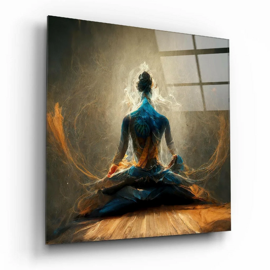 Serene meditative figure in glowing blue orange hues on smoky glass wall art