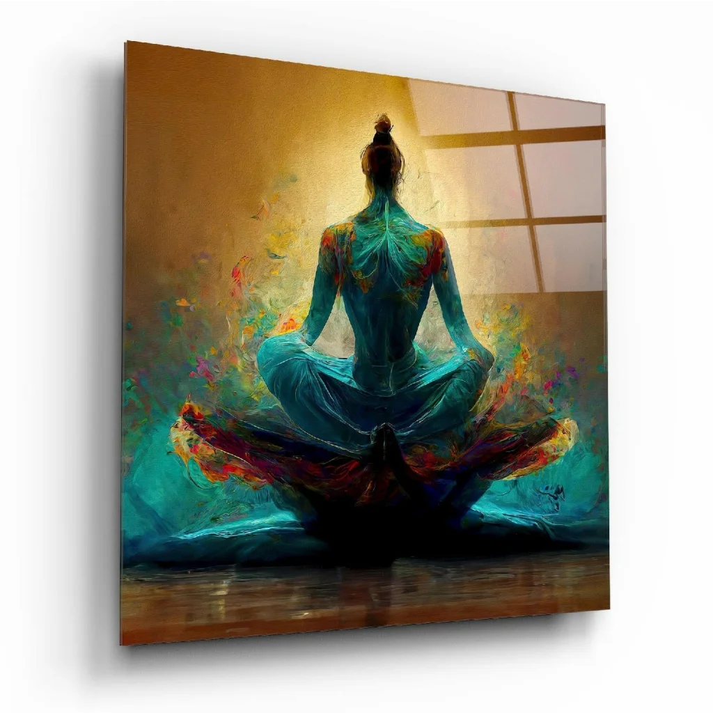 Teal meditation abstract canvas wall art print with serene turquoise figure