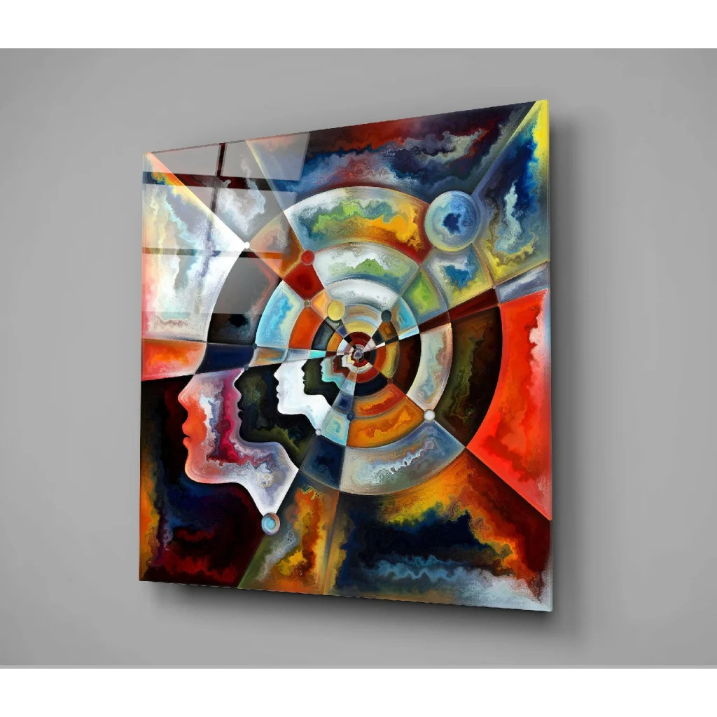 Vibrant glass wall art with bold abstract faces in reds, blues, yellows, oranges