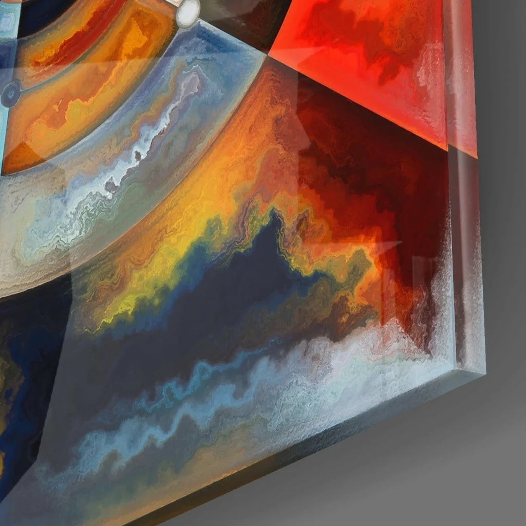 Vibrant abstract glass wall art with swirling colors and bold faces