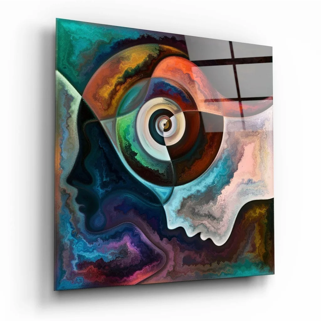 Vibrant psychedelic swirl glass wall art with eye motif