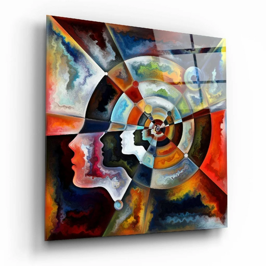 Vibrant glass wall art with abstract layered faces in red, orange, blue, black
