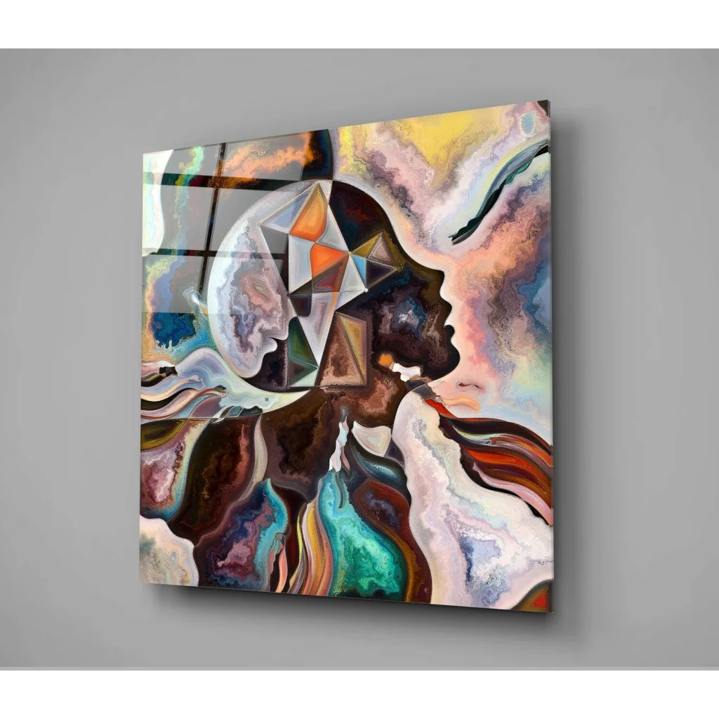 Vibrant abstract glass wall art with swirling teal and orange face portraits