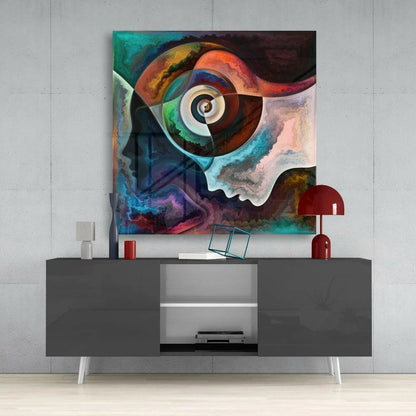 Vibrant psychedelic swirl glass wall art with mesmerizing eye motif