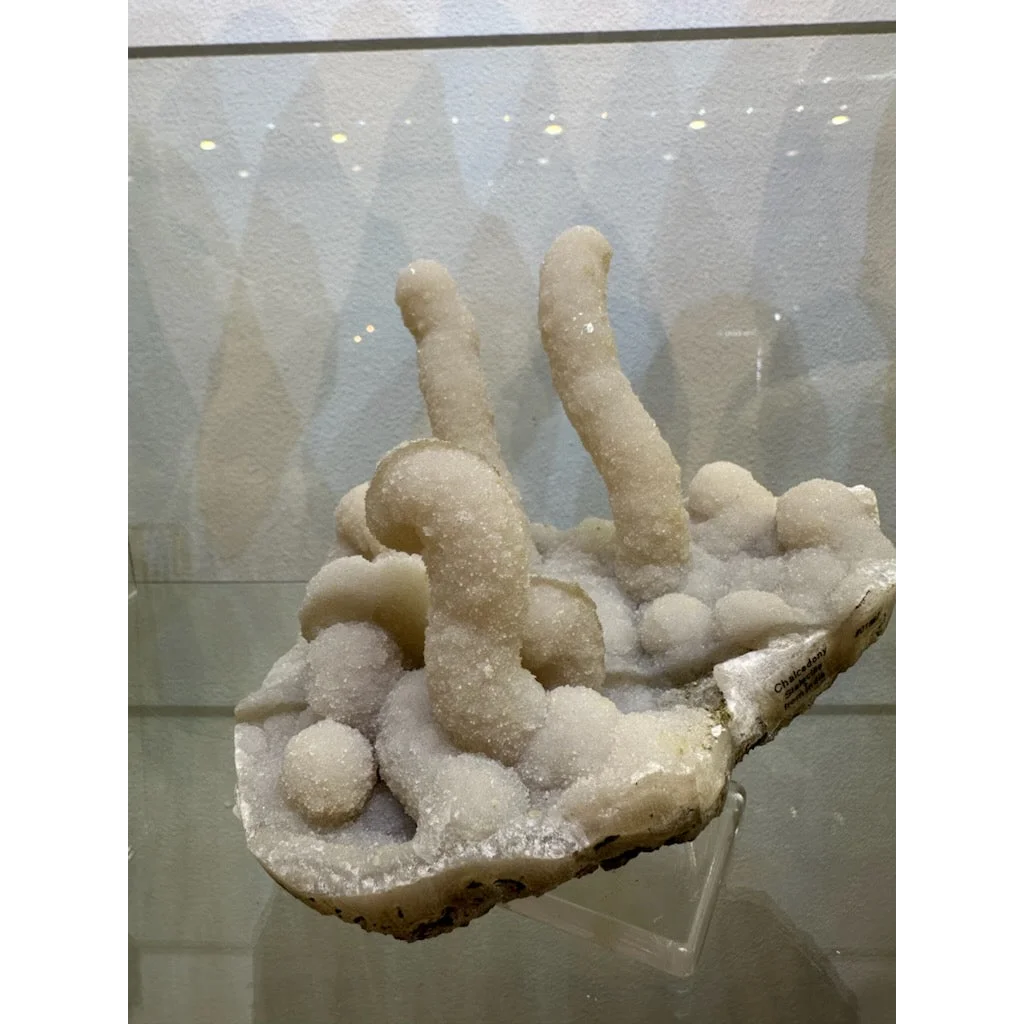 Medium chalcedony stalactite hand geode from India with white crystals