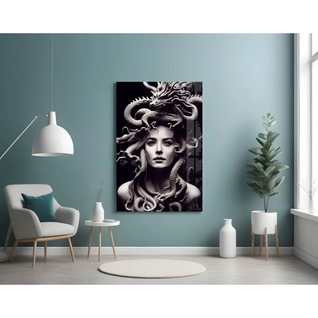 Black-and-white Medusa glass wall art canvas print on teal wall