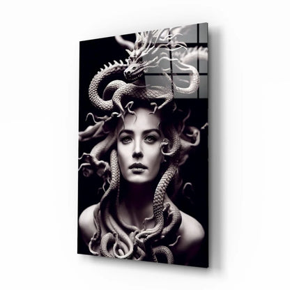 Black and white Medusa glass wall art with serpentine hair and dragon head