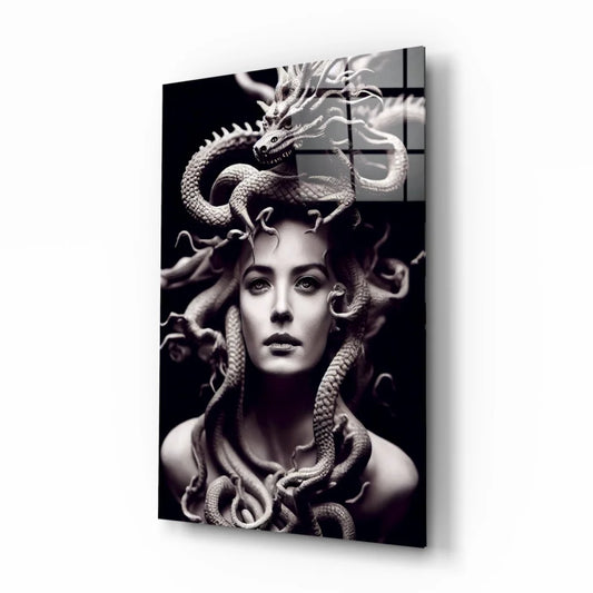 Black and white Medusa glass wall art with serpentine hair and dragon head