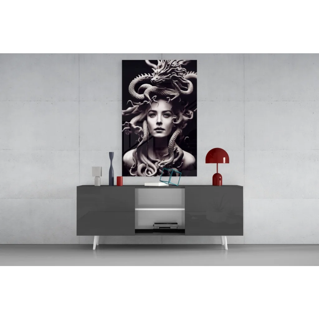Black-and-white Medusa glass wall art canvas print with serpentine hair