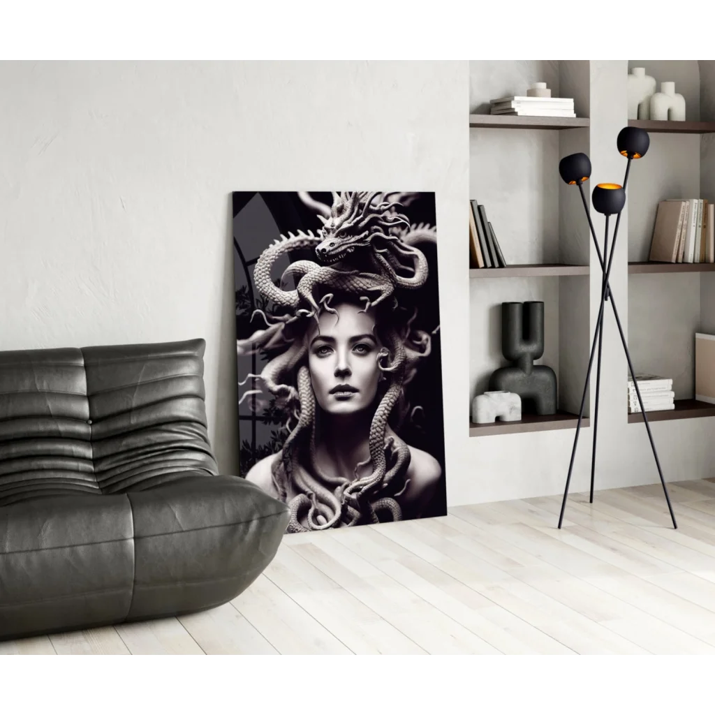 Black-and-white Medusa glass wall art canvas print with serpentine hair