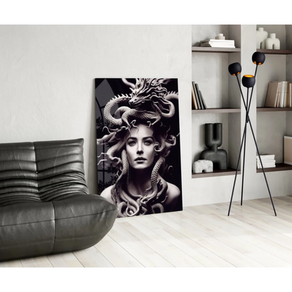 Black-and-white Medusa glass wall art canvas print with serpentine hair