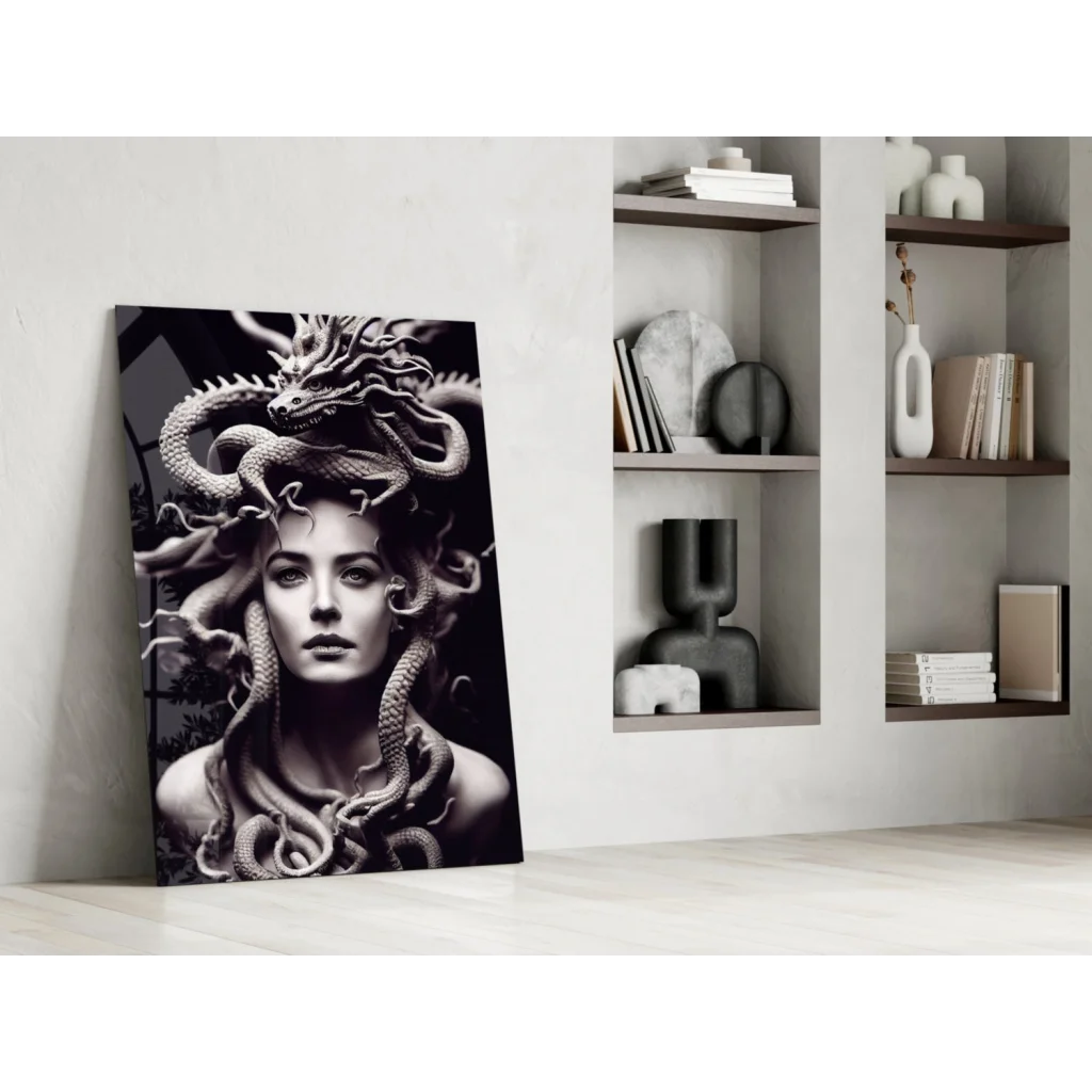 Black and white Medusa glass wall art canvas print with serpentine headpiece