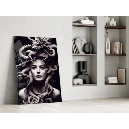 Black and white Medusa glass wall art canvas print with serpentine headpiece