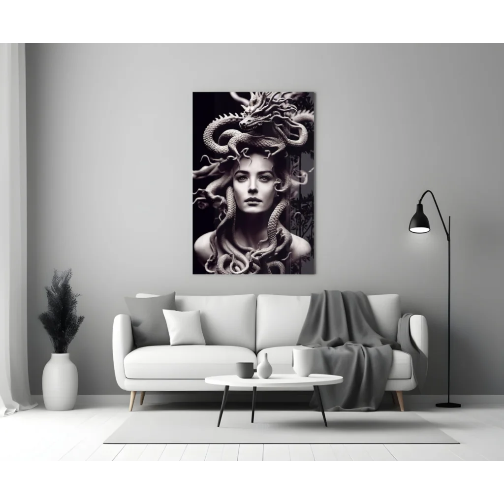 Black and white Medusa glass wall art canvas print with serpentine hair