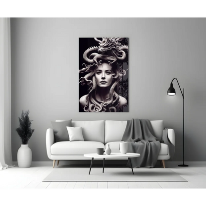 Black and white Medusa glass wall art canvas print with serpentine hair