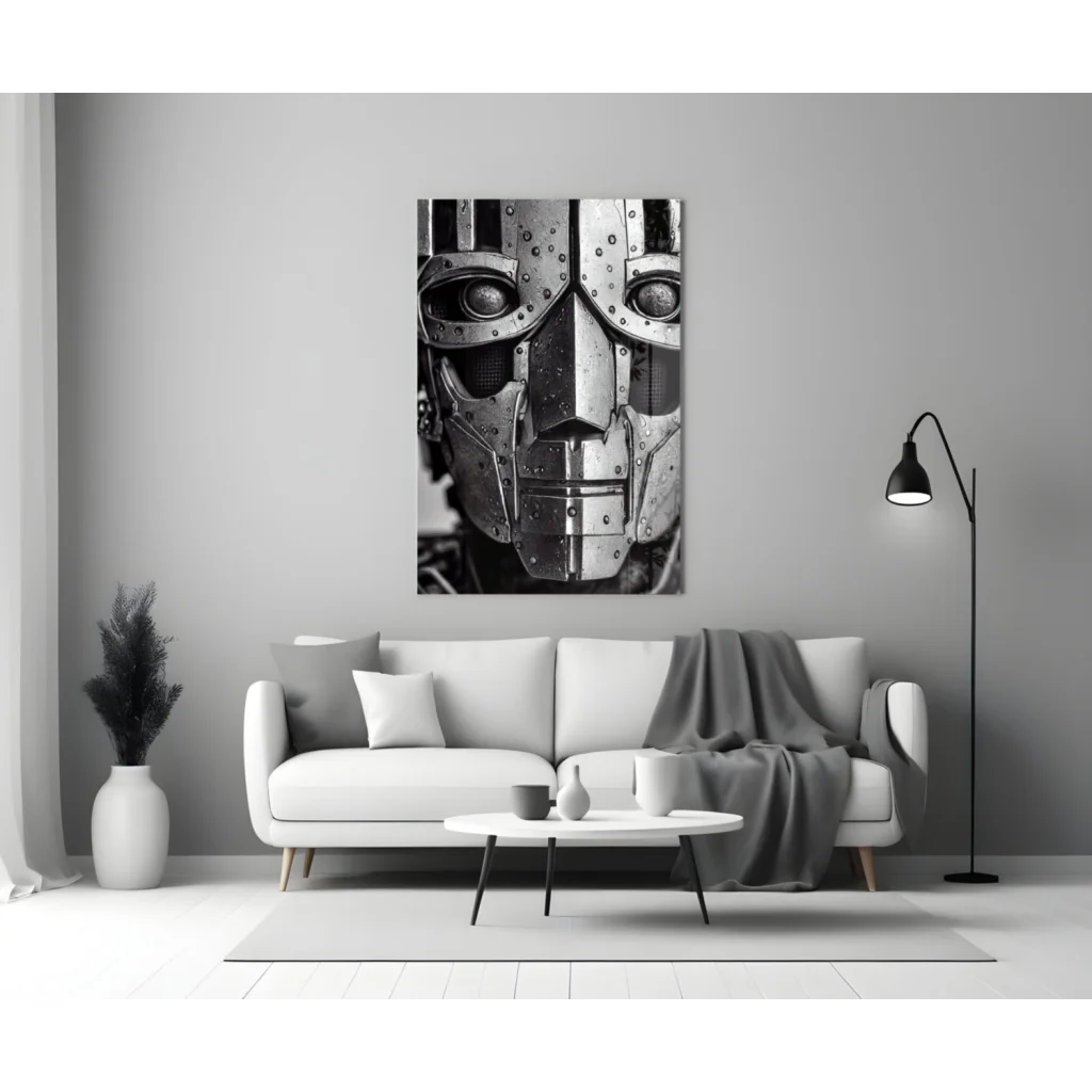 Futuristic Robot Face Glass Wall Art in Striking Black and White | Modern Wall Art Decor | vintageantiquesgifts.com