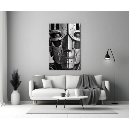 Futuristic Robot Face Glass Wall Art in Striking Black and White | Modern Wall Art Decor | vintageantiquesgifts.com