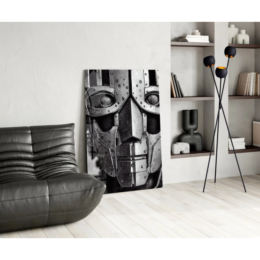 Striking black and silver robot face glass wall art