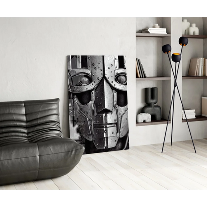 Striking black and silver robot face glass wall art