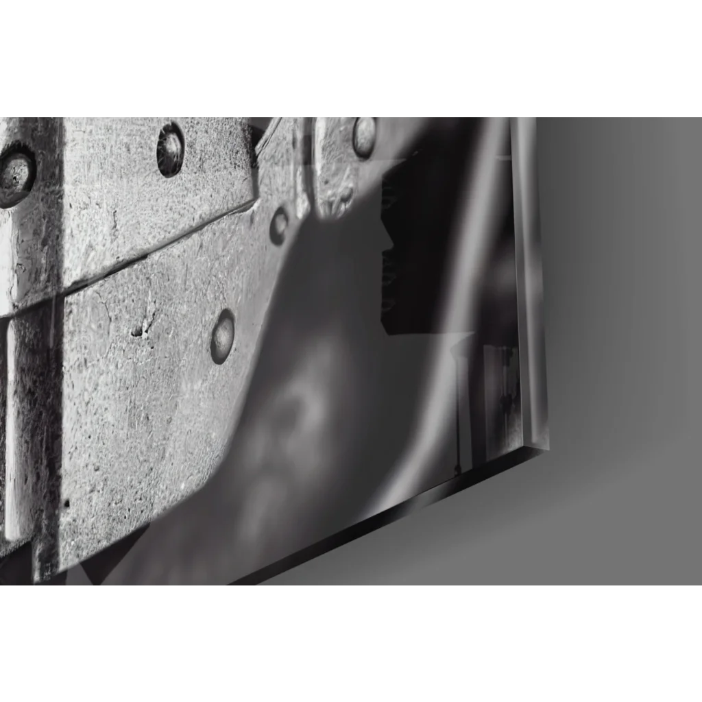 Rustic metal hinge detail in futuristic robot face glass wall art