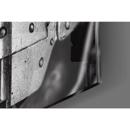 Rustic metal hinge detail in futuristic robot face glass wall art