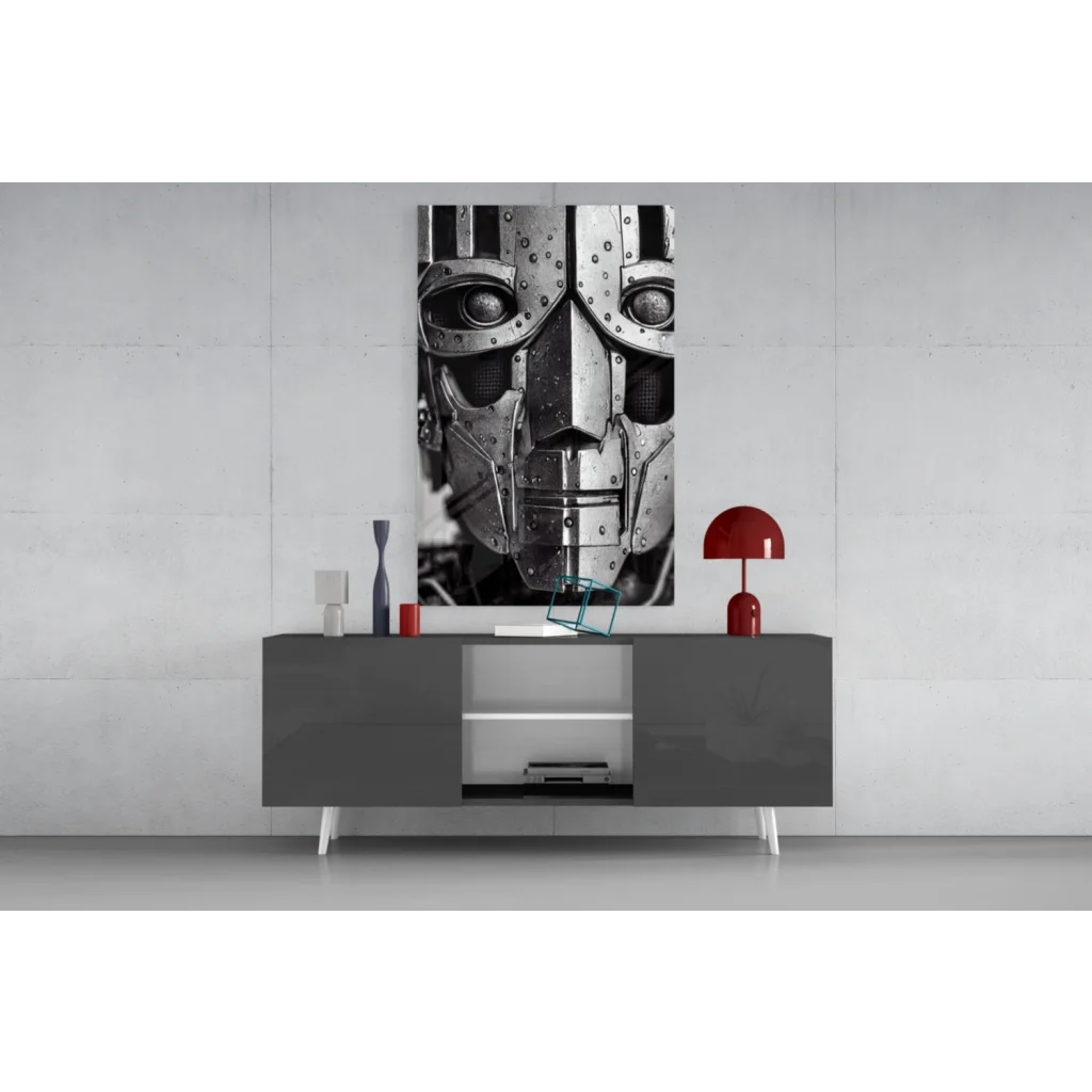 Striking black-and-white futuristic robot face glass wall art