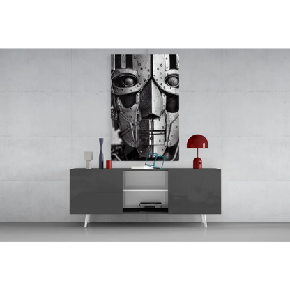 Striking black-and-white futuristic robot face glass wall art