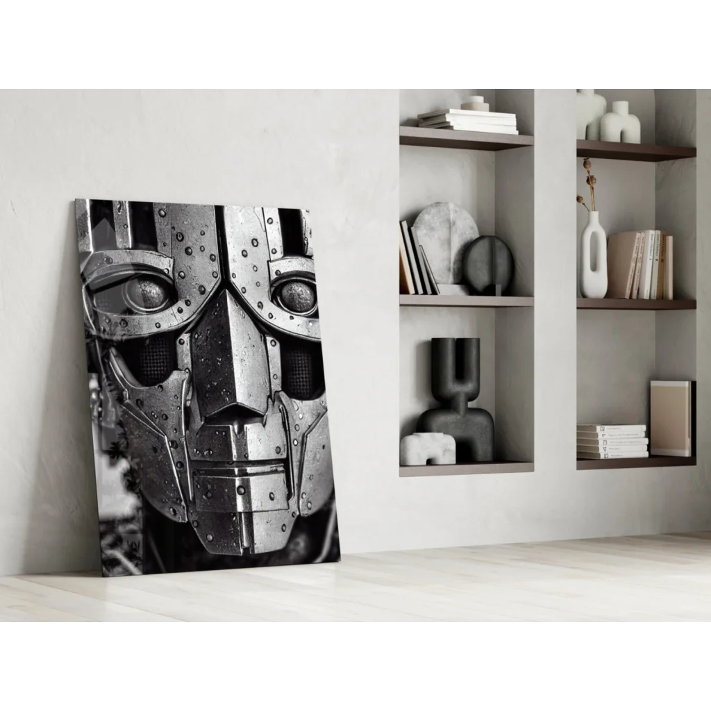 Striking black-and-white futuristic robot face glass wall art