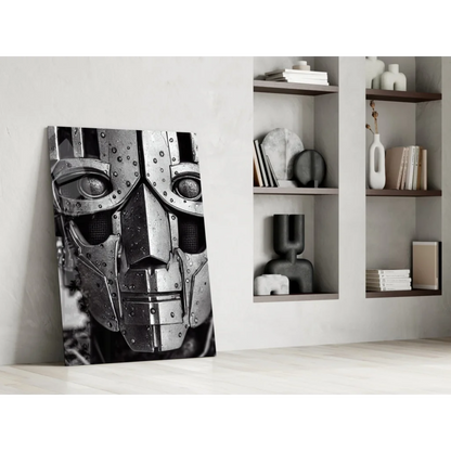 Striking black-and-white futuristic robot face glass wall art