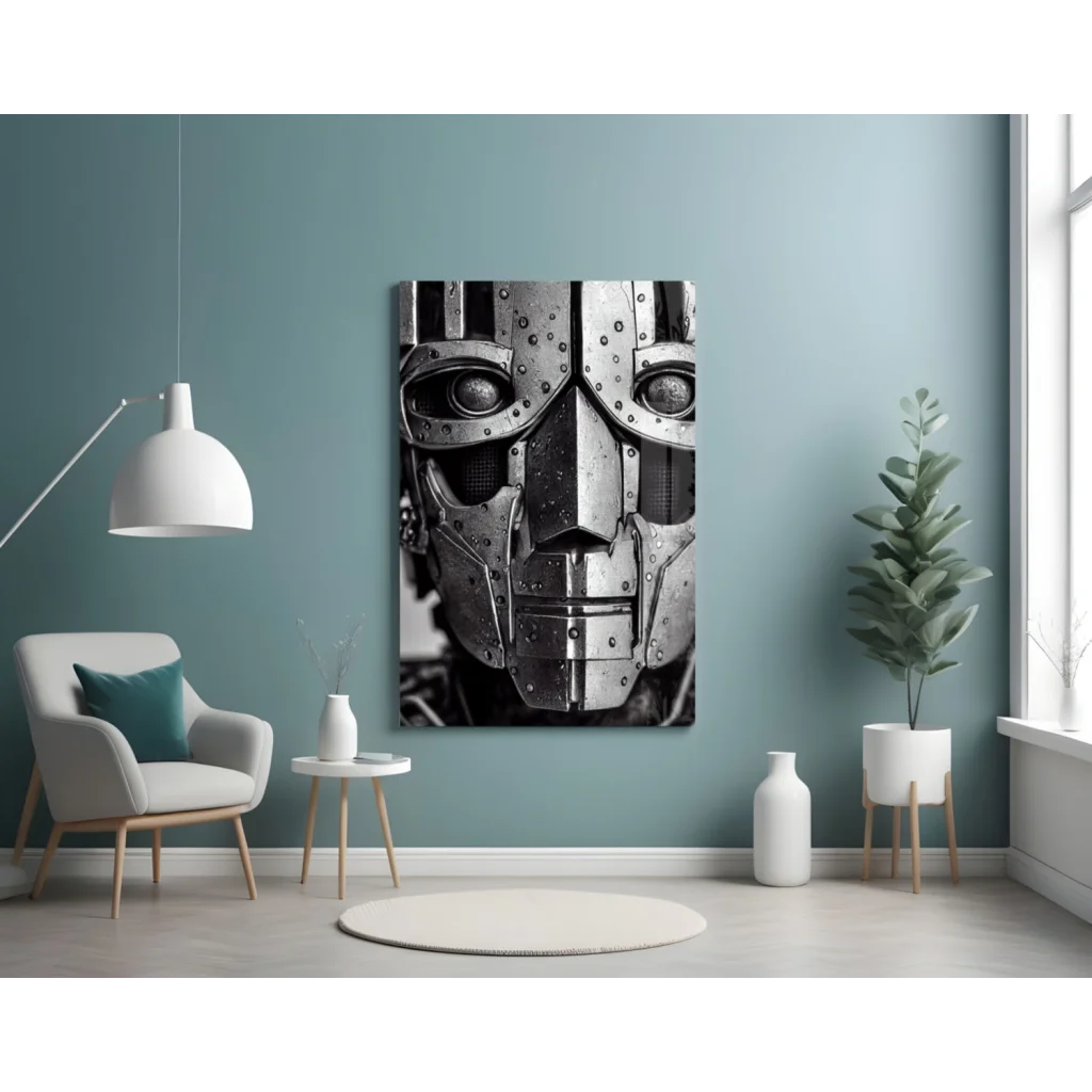 Futuristic Robot Face Glass Wall Art in Striking Black and White | Contemporary Home Wall Art | vintageantiquesgifts.com