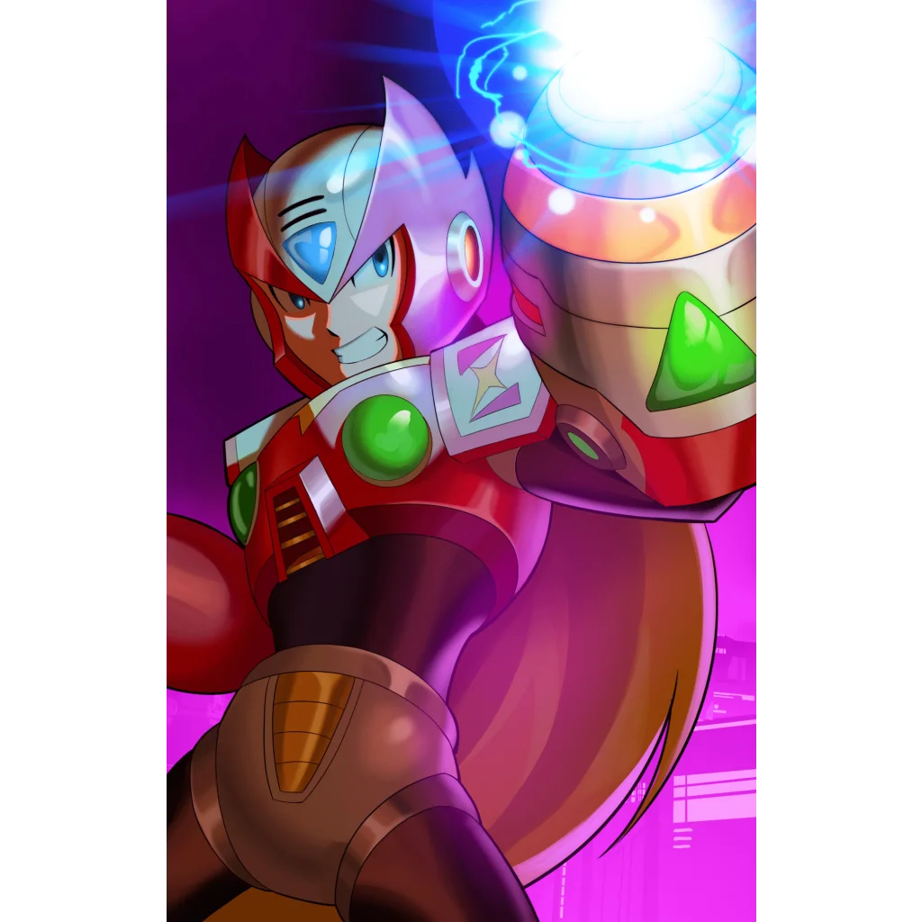Red and white Mega Man X armored robot with blue energy blast for Mega Man X comic cover