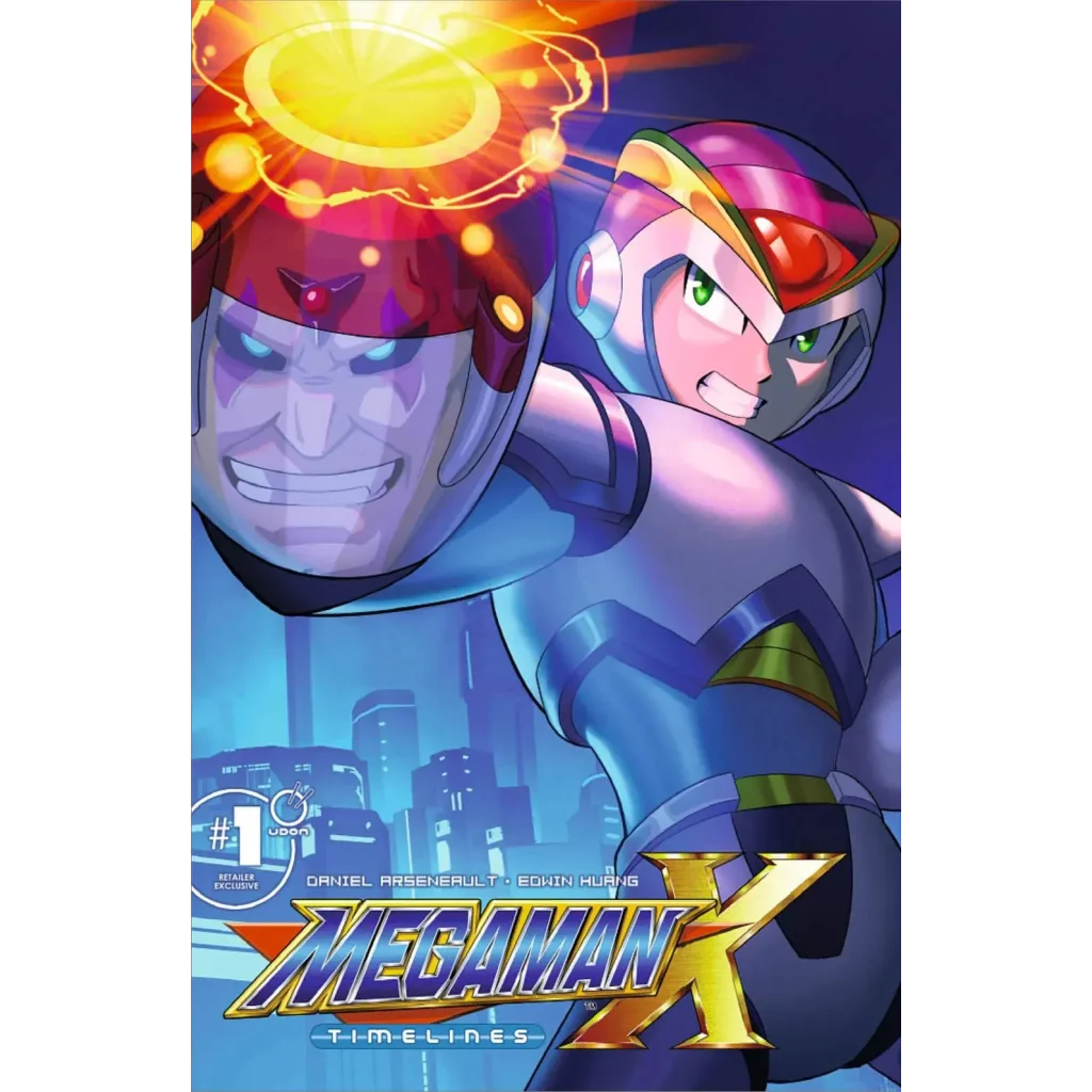 Cover art of mega man x timelines #1 comic book featuring mega man in blue armor against a purple-skinned foe