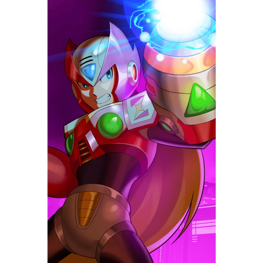 Red and white Mega Man X robot with glowing blue energy blast from East Coast Comics