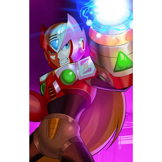 Red and silver armored mega man x timelines zero with glowing blue eyes and energy cannon santiago venegas variant cover