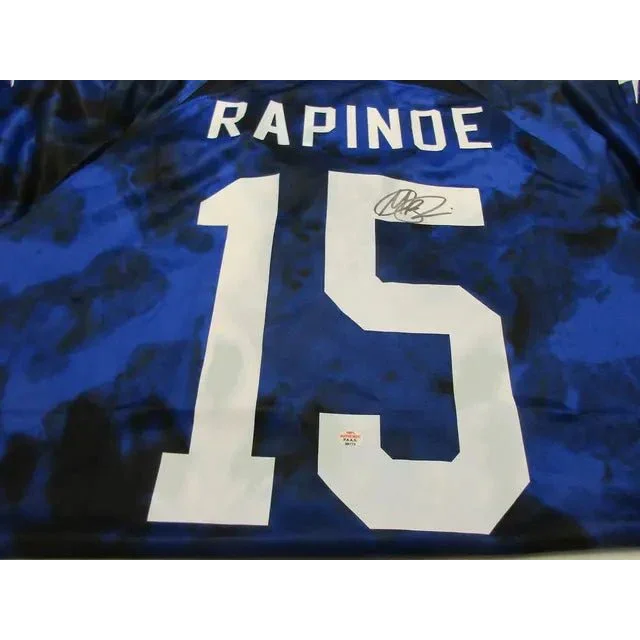 Blue and black Megan Rapinoe signed autographed soccer jersey with white numbers and autograph