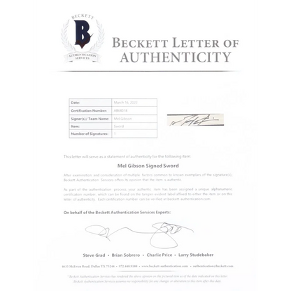 Beckett Letter of Authenticity for Mel Gibson signed Braveheart prop replica sword