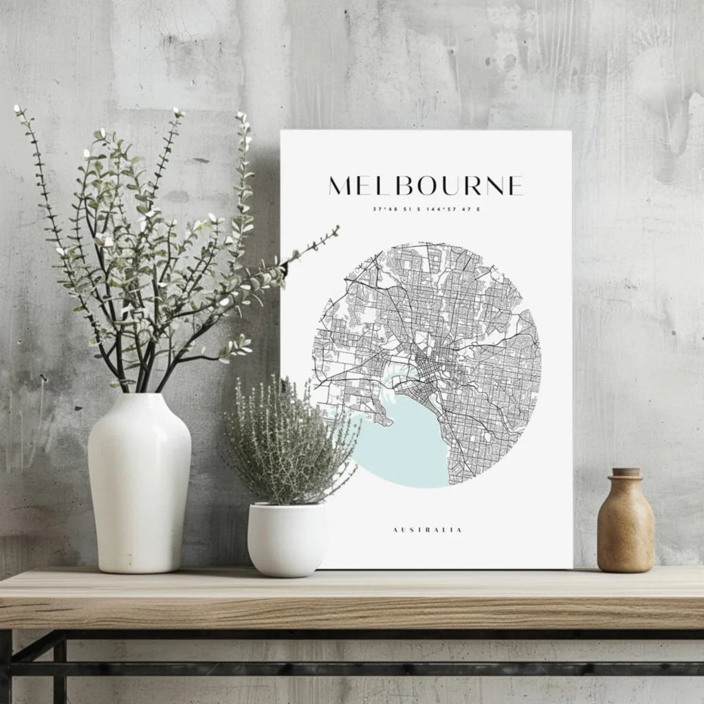 Minimalist Melbourne city map poster in white with black text on cool blue aluminum print