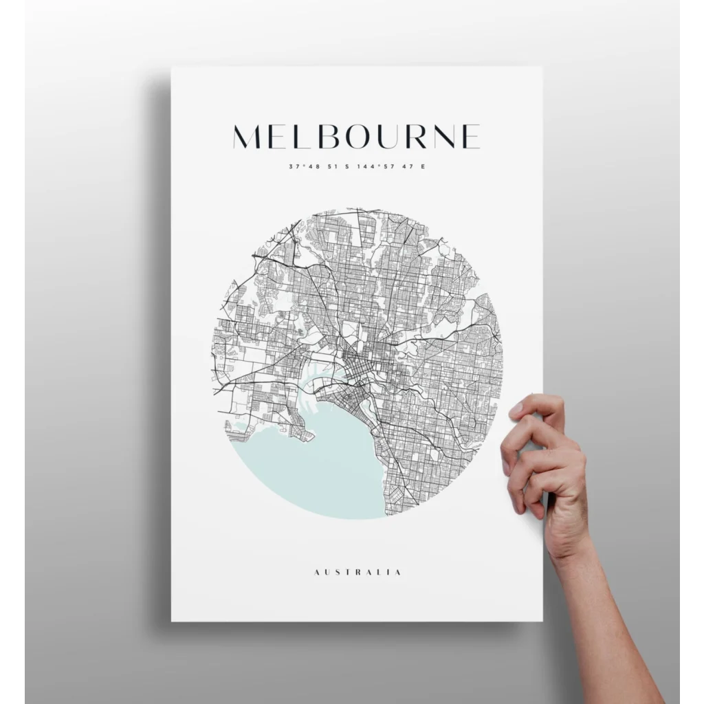 Melbourne city map poster on aluminum print in cool blue tones