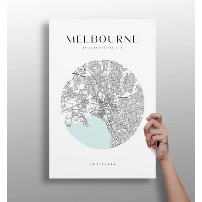 Melbourne city map poster on aluminum print in cool blue tones