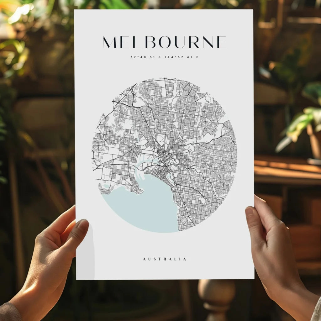 Cool blue Melbourne city map poster on aluminum print