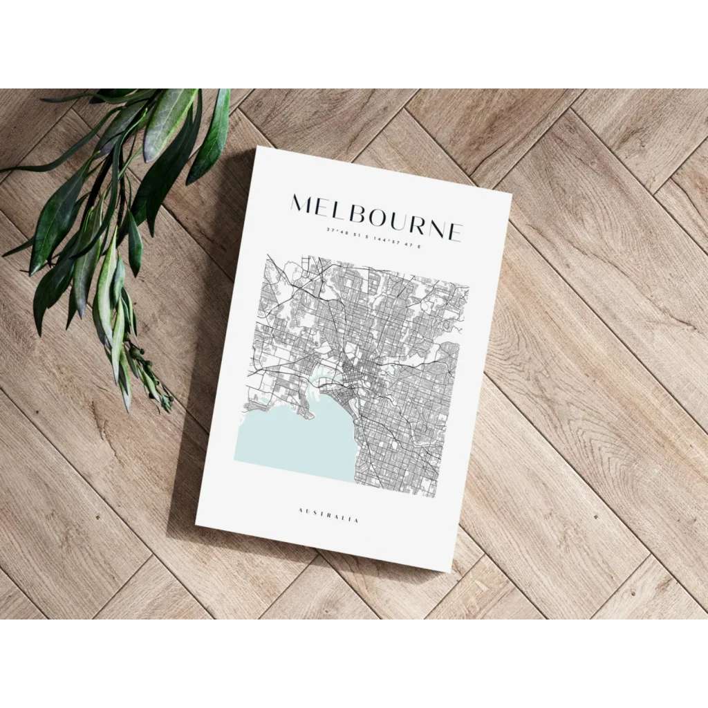 Minimalist black and white Melbourne city map aluminum print