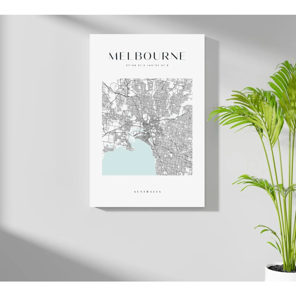 Sleek minimalist black and white Melbourne city map aluminum print