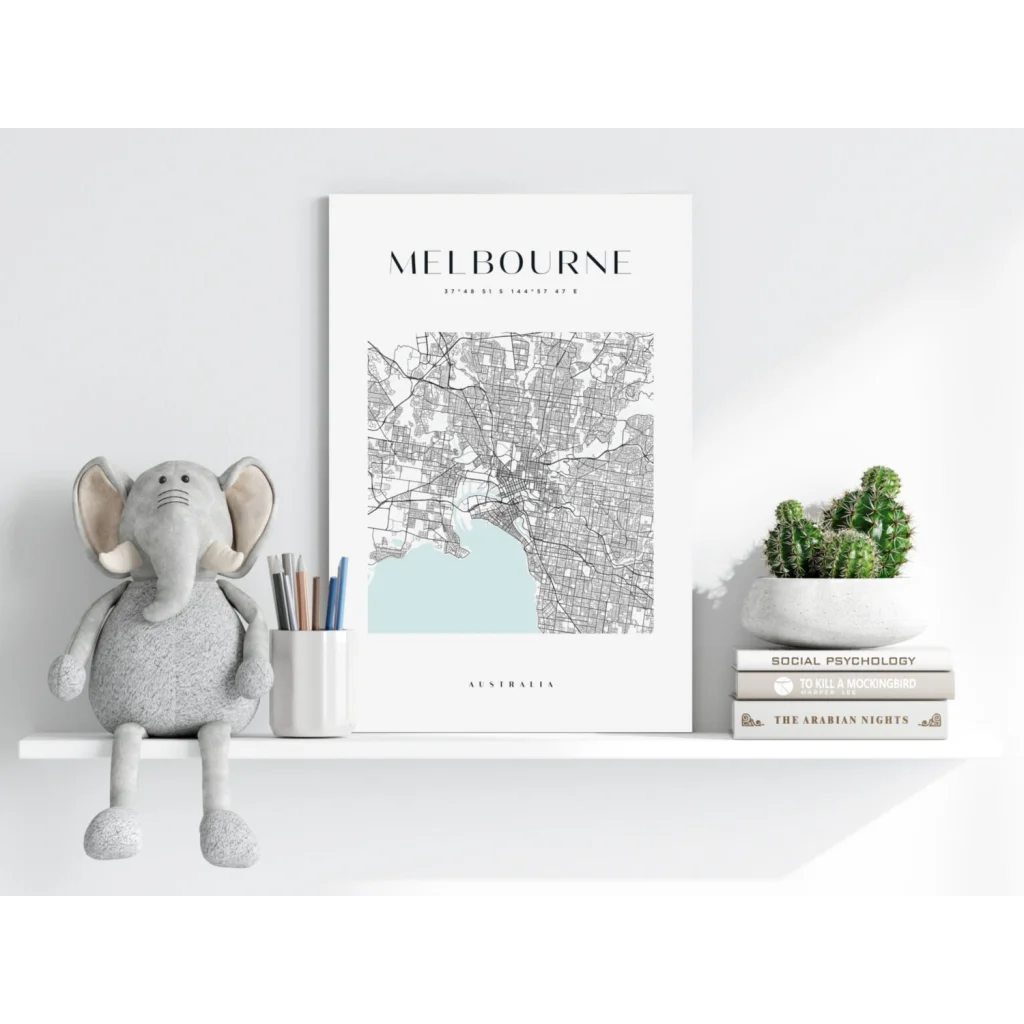 Grey plush elephant toy on Melbourne City Map black and white aluminum print